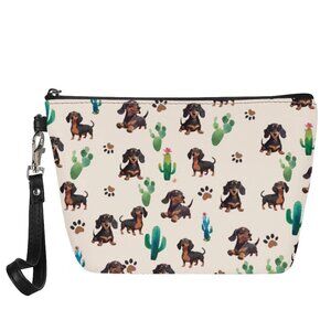 Womens Cosmetic Bag Tropical Dachshund and Cactus Print Makeup Bag Coin Purse Sm